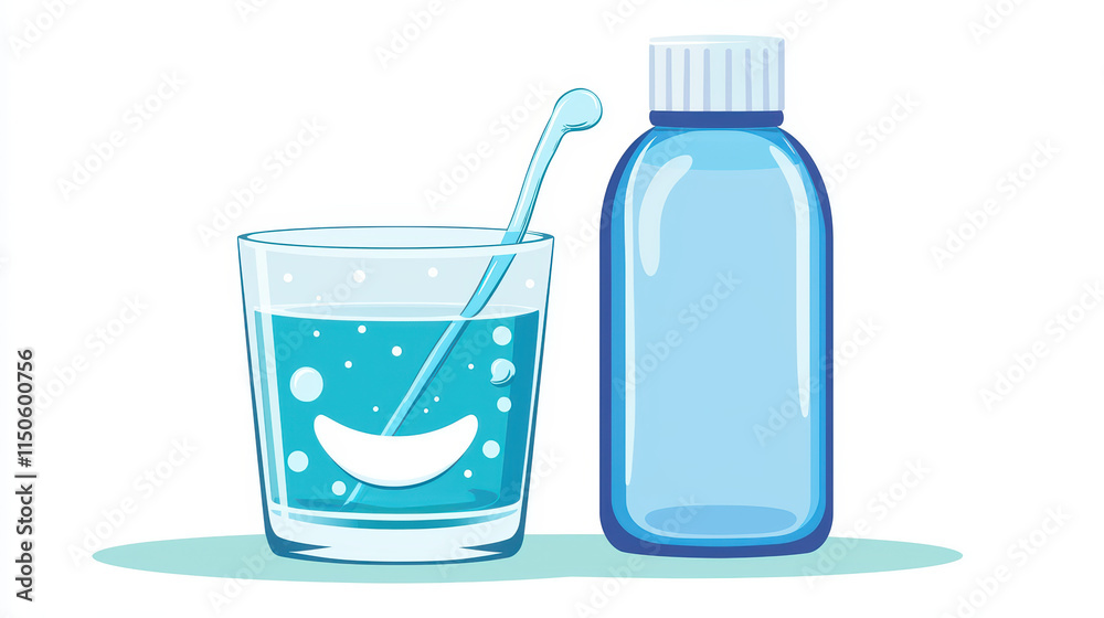 Refreshing blue liquid in glass with spoon beside bottle Refreshing blue liquid in glass with spoon beside bottle