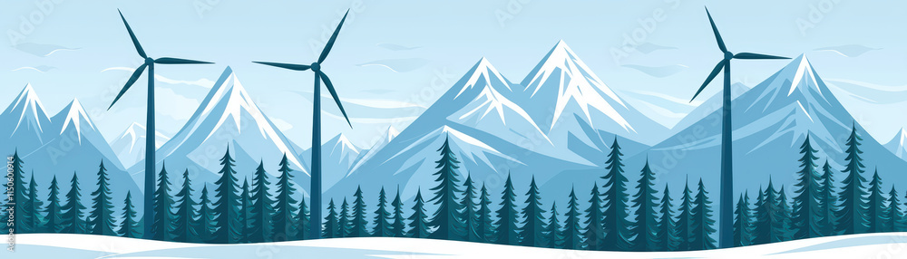 Obraz premium Serene winter landscape featuring snow covered mountains, evergreen trees, and wind turbines, showcasing eco friendly energy