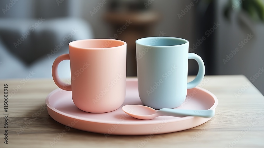 Two pastel silicone cups and spoons on a matching plate Two pastel silicone cups and spoons on a matching plate