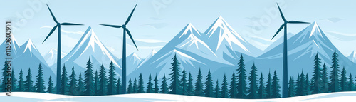 Wallpaper Mural Serene winter landscape featuring snow covered mountains, evergreen trees, and wind turbines, showcasing eco friendly energy Torontodigital.ca
