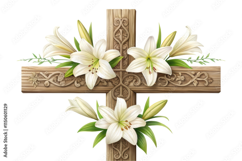 Beautiful wooden cross adorned with white lilies, cut out - stock png. Beautiful wooden cross adorned with white lilies, cut out - stock png.