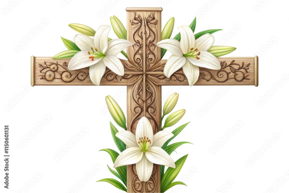Beautiful floral cross design with lilies, cut out - stock png.
