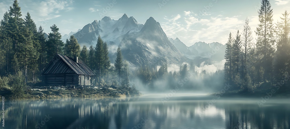 Fototapeta premium A peaceful mountain lake surrounded by evergreen trees, with a wooden cabin nestled among the pines, and a misty morning light breaking over the peaks