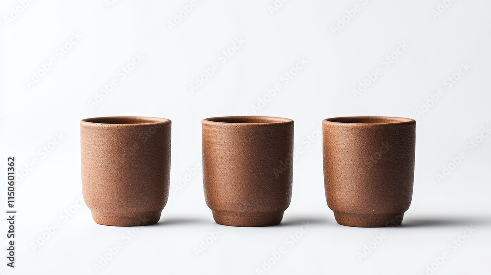 Three Elegant Small Brown Vases Arranged on a Pure White Background Showcasing Minimalist Design and Natural Aesthetic in a Soft and Calm Setting Three Elegant Small Brown Vases Arranged on a Pure White Background Showcasing Minimalist Design and Natural Aesthetic in a Soft and Calm Setting