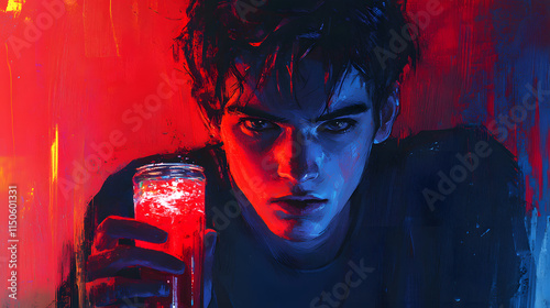 A glowing portrait of a young man with a sparkling soda can in his hand. photo