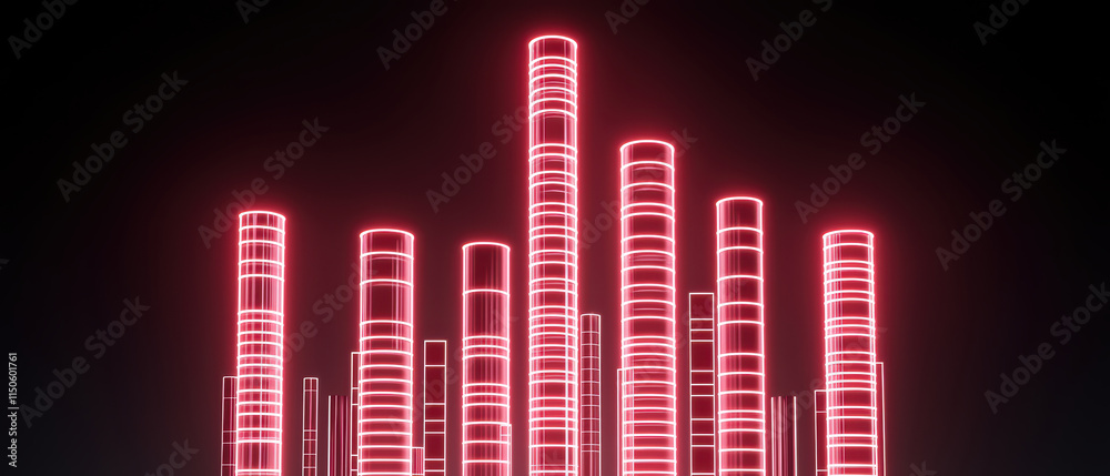 Fototapeta premium Vibrant neon illustration of glowing cylindrical structures in dark setting, creating futuristic atmosphere