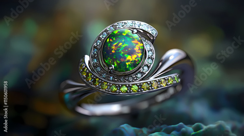 Peridot and opal bypass ring with minimalist bezel set gemstones. resonance. illustration. Opal. Illustration