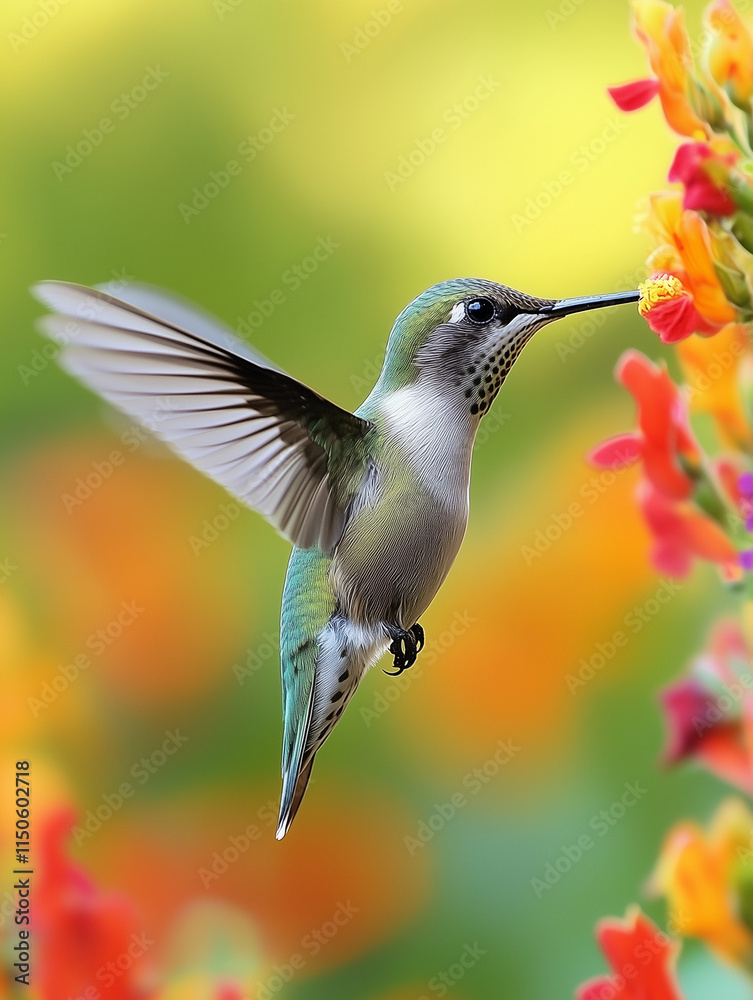Naklejka premium Hummingbird Sipping Nectar with Vivid Floral Details Close-Up