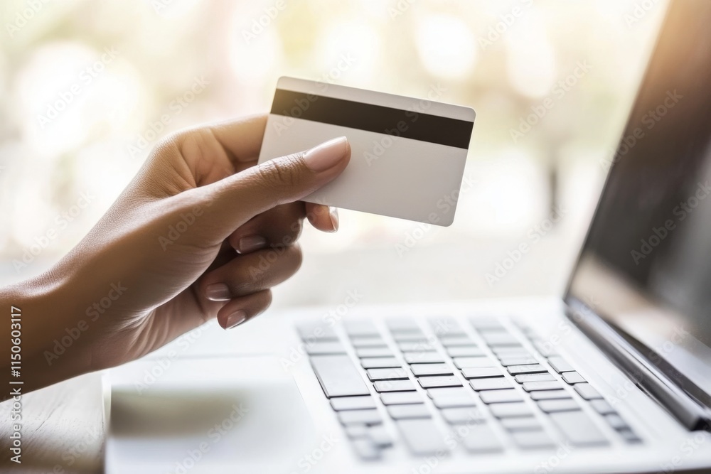 Female Hands with Credit Card close up. Online Shopping Concept. Laptop, Notebook on White Table. Winter Holidays Sale. Digital tablet device. Unrecognizable person sitting at table use online banking Female Hands with Credit Card close up. Online Shopping Concept. Laptop, Notebook on White Table. Winter Holidays Sale. Digital tablet device. Unrecognizable person sitting at table use online banking