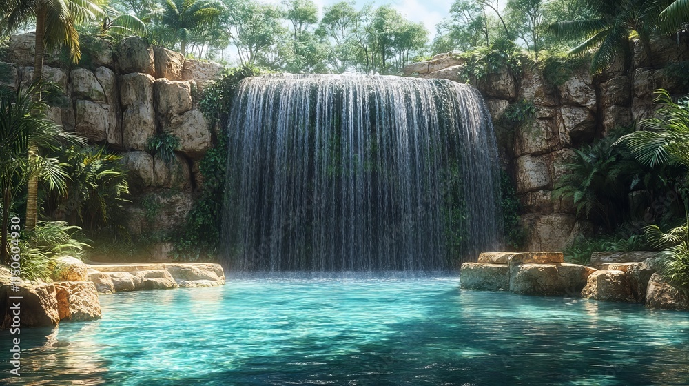 A serene waterfall cascading down mossy rocks into a crystal-clear pool below. A serene waterfall cascading down mossy rocks into a crystal-clear pool below.