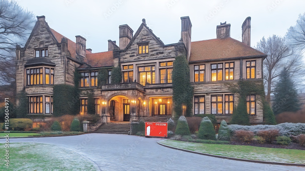 Grand Stone Mansion Illuminated at Dusk Winter Setting Grand Stone Mansion Illuminated at Dusk Winter Setting