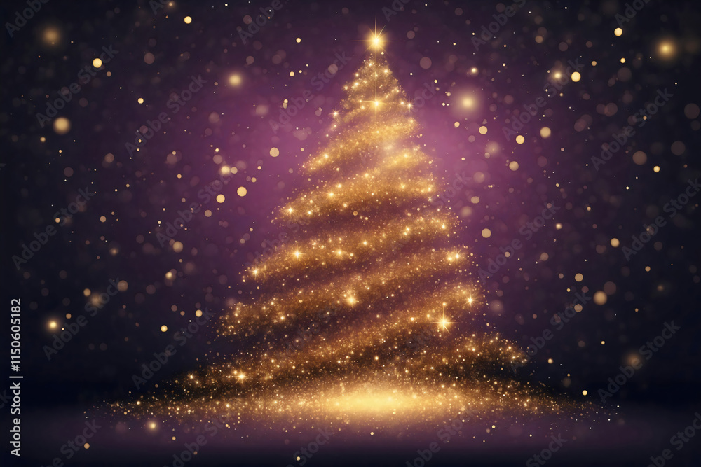 Beautiful sparkle minimal glitter outline of a Christmas tree with subtle golden light silhouette stands on spotlight,against a rich purple background sprinkled with night stars, snow and bokeh lights Beautiful sparkle minimal glitter outline of a Christmas tree with subtle golden light silhouette stands on spotlight,against a rich purple background sprinkled with night stars, snow and bokeh lights