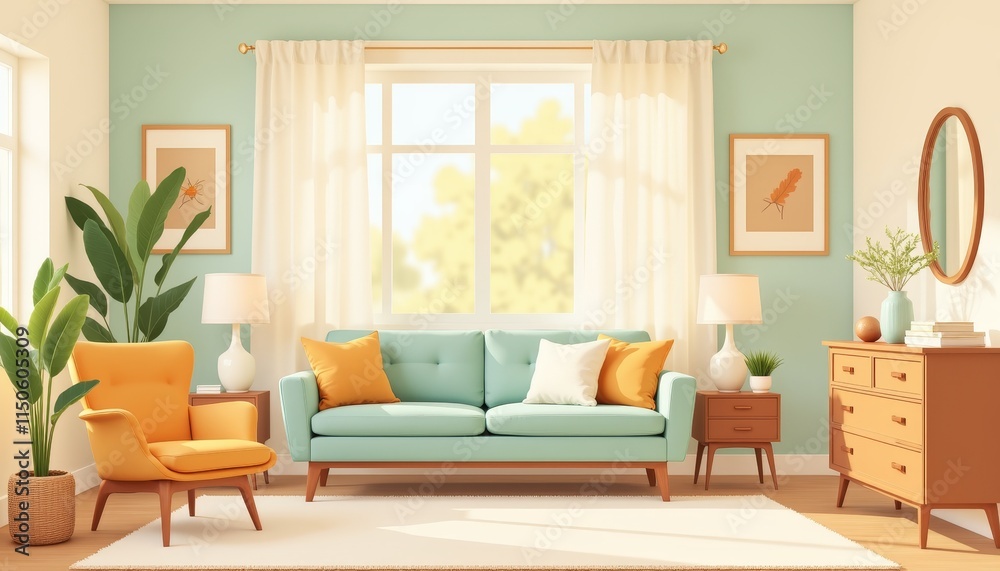 Fototapeta premium Stylish living room interior with turquoise sofa, orange armchair, and decorative plants