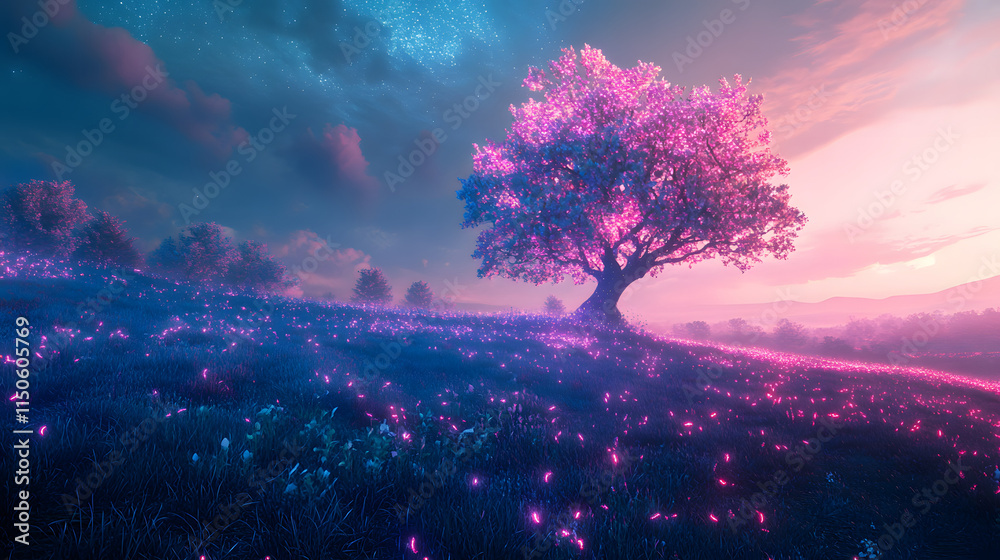 A magical meadow with bioluminescent plants and a glowing celestial tree. A magical meadow with bioluminescent plants and a glowing celestial tree.