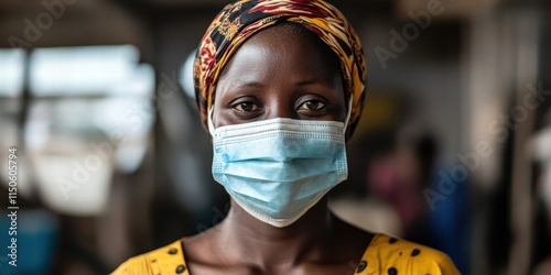 Portrait of a black woman african as doctor in a poor hospital wearing a face mask to prevent pneumonia. Woman wearing a patterned headscarf and face mask, looking at the camera in a softly lit indoor