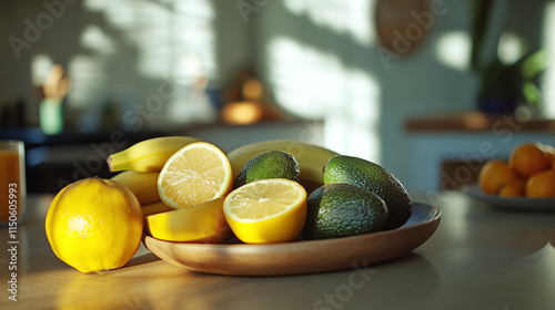 Fresh avocado and banana food on a kitchen table, showcasing healthy and organic fruits for a nutrition diet, ideal for meals and breakfast, a fit and balanced lifestyle. photo