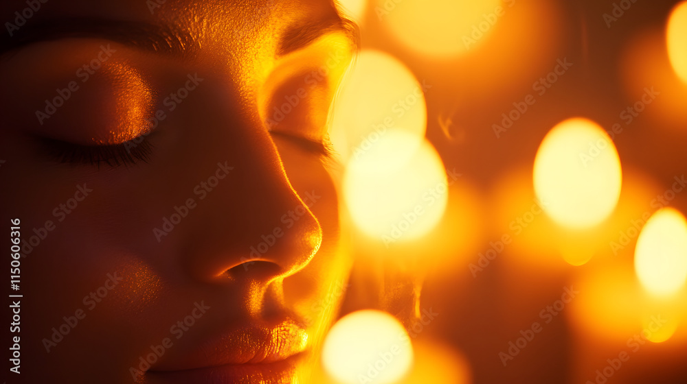 A meditative face with closed eyes softly lit by flickering candlelight. A meditative face with closed eyes softly lit by flickering candlelight.