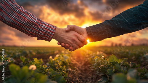 Handshake between two farmer people in agriculture field, symbolizing agreement and partnership in farming business, showcasing teamwork and success in rural farmland during a beautiful summer sunset.