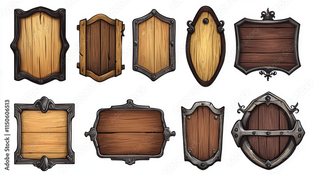 Naklejka premium Wooden plates with metal frames for game ui design. Wood signs, panels and planks different shapes with medieval iron borders, vector cartoon set isolated on background