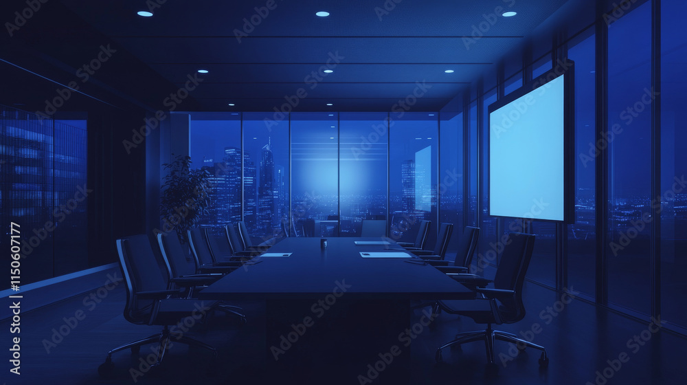 Conference room for business meetings, presentation for team, discussion or training at night. Vector cartoon interior of empty dark boardroom in company office with table, chairs, screen and board Conference room for business meetings, presentation for team, discussion or training at night. Vector cartoon interior of empty dark boardroom in company office with table, chairs, screen and board