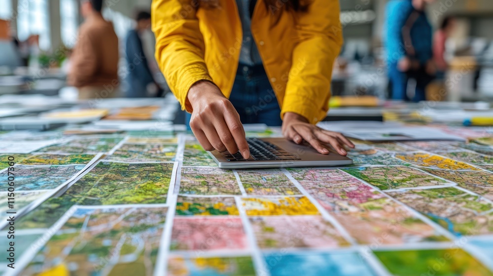Naklejka premium Woman using laptop on large map spread.