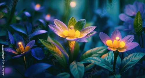 Fantasy glowing flowers, bioluminescent plants, magical forest, ethereal atmosphere, vibrant colors, soft focus, dreamy lighting, digital art, surreal nature scene, whimsical illustration, neon flora,
