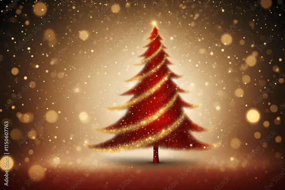 Abstract silhouette of a golden red Christmas tree with sparkling glitter dust and tinsel, delicate snow and blurry glowing bokeh lights background, minimalist greeting card, wallpaper Abstract silhouette of a golden red Christmas tree with sparkling glitter dust and tinsel, delicate snow and blurry glowing bokeh lights background, minimalist greeting card, wallpaper