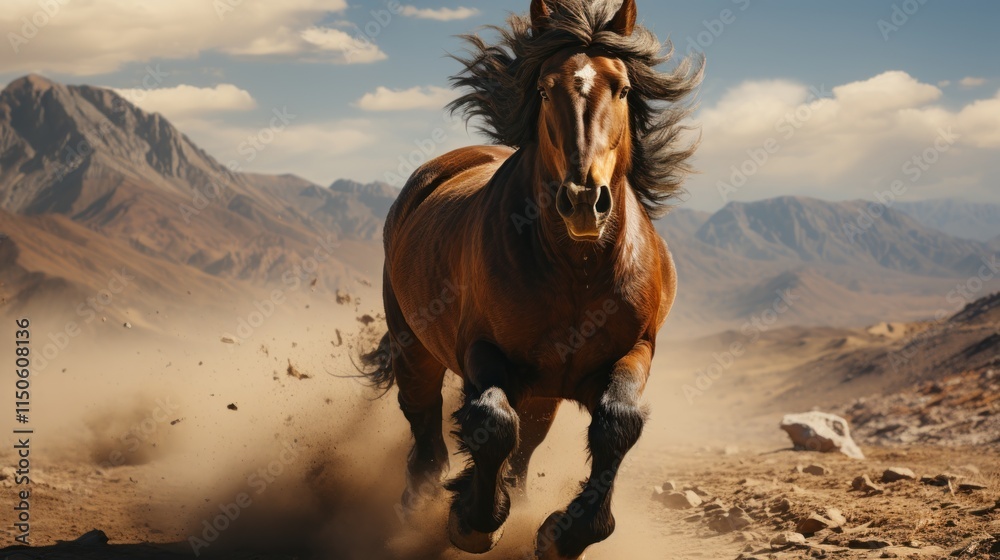 Obraz premium Majestic Brown Horse Galloping Across the Desert Landscape