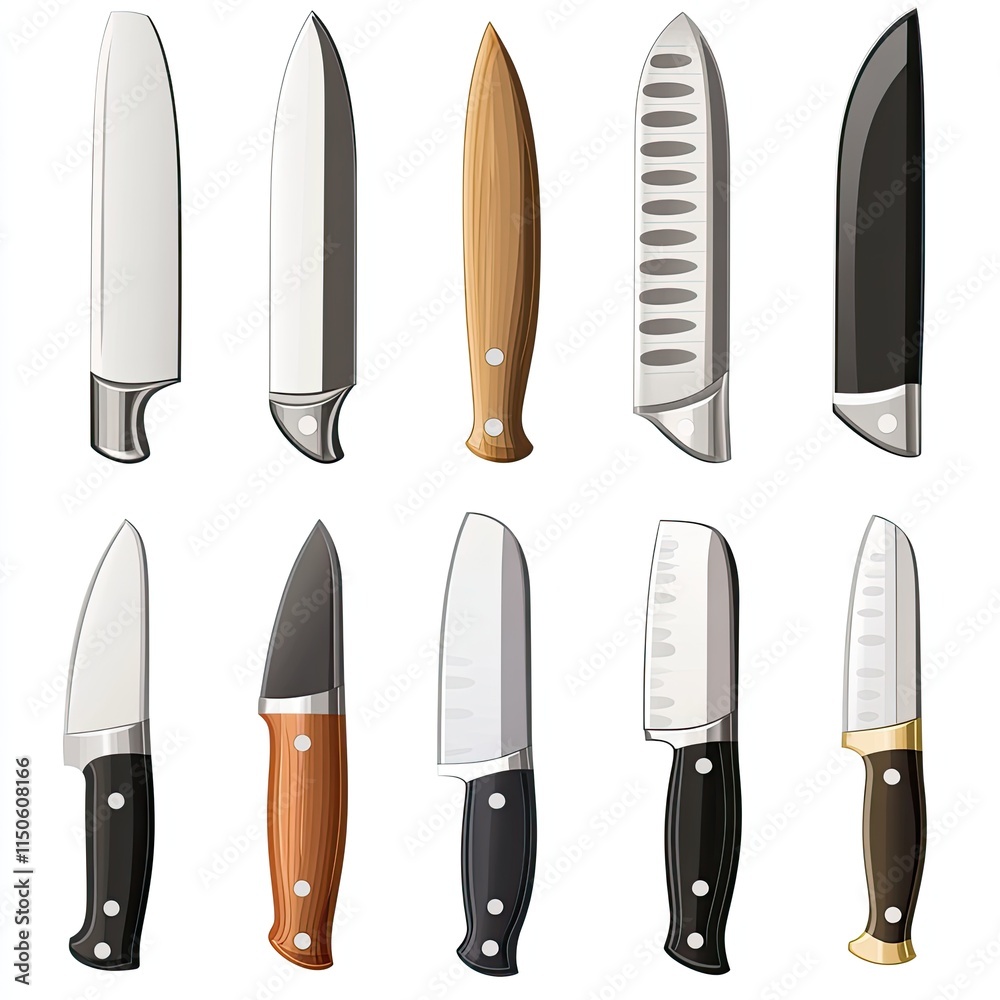 a collection of knives with a brown handle and a black handle.
a collection of knives with a brown handle and a black handle.