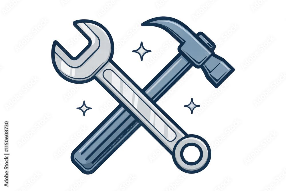 Tools crossed in design with shine and detail, cut out - stock png. Tools crossed in design with shine and detail, cut out - stock png.