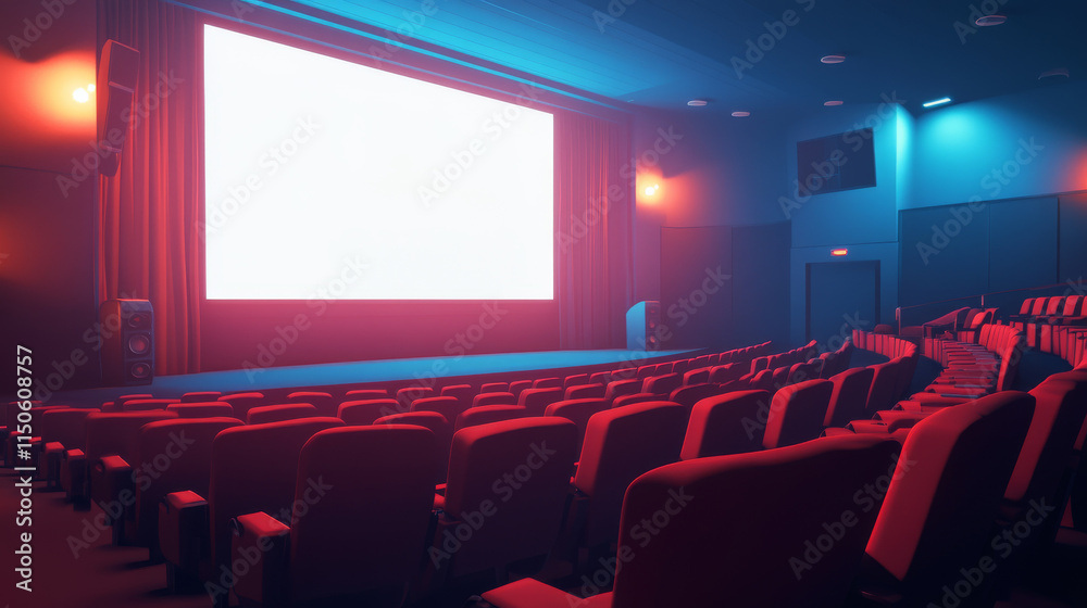 Fototapeta premium Movie theater, cinema hall with white screen and rows of red seats. Vector cartoon interior of dark cinema auditorium with light blank screen, chair backs, projectors and sound speakers