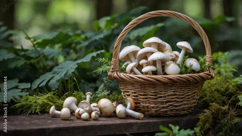 Organic mushrooms displayed in basket with garden greenery Organic mushrooms displayed in basket with garden greenery