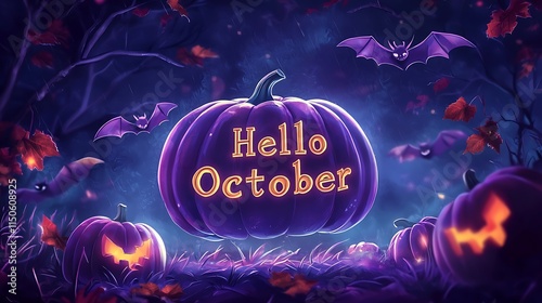 A Halloween themed poster with a purple pumpkin and bats photo