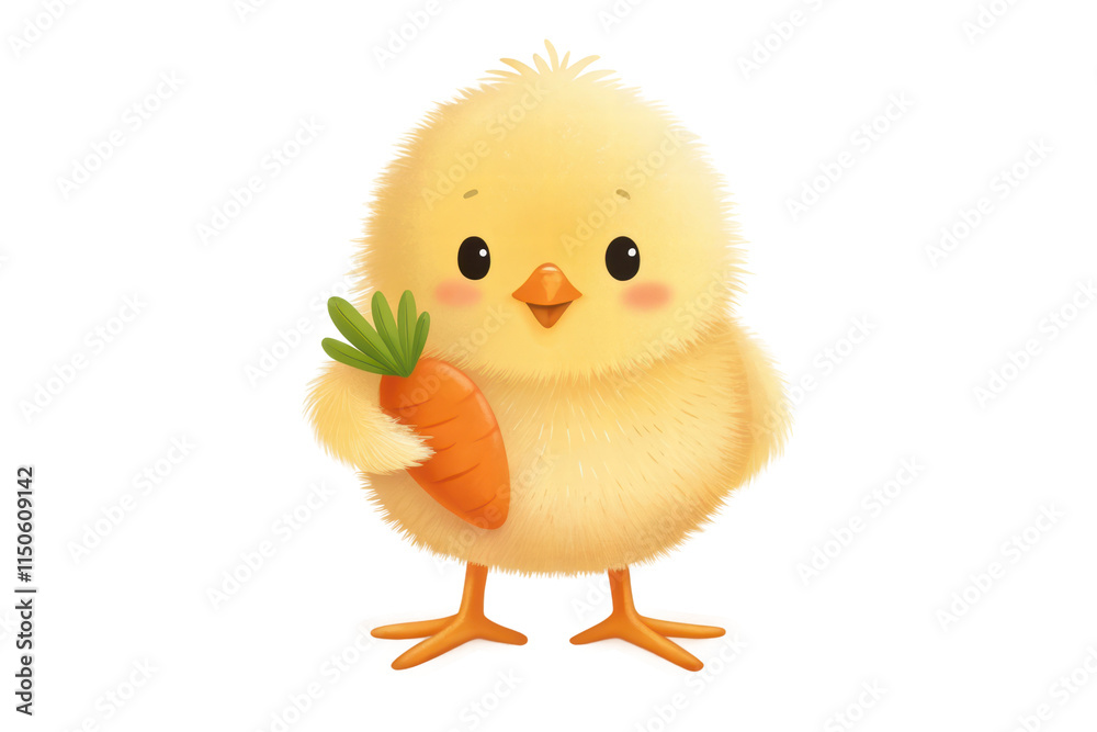 Cute chick holding a carrot in a playful setting, cut out - stock png. Cute chick holding a carrot in a playful setting, cut out - stock png.