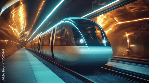 Fototapeta Naklejka Na Ścianę i Meble -  Train or metro in tunnel front view, subway locomotive on rails with windshield and illumination. Modern underground city transport, railway passenger commuter vehicle Realistic 3d vector illustration