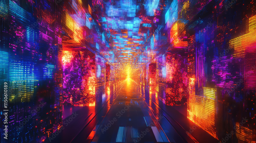 Fototapeta premium Abstract data center room with bright neon blue and pink light glowing server blocks. Realistic 3d vector illustration of tunnel with digital information and database warehouse super computer.