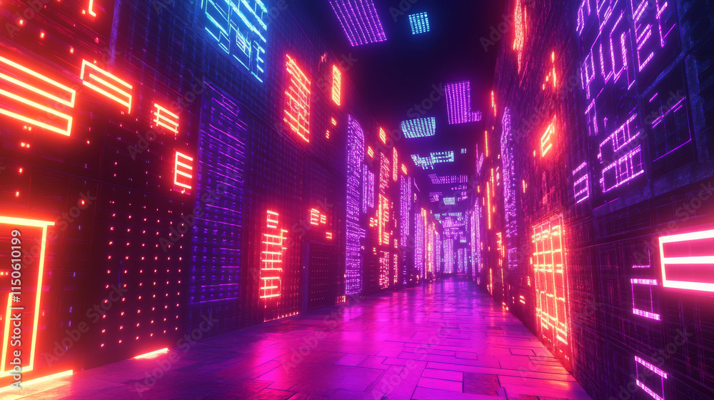 Abstract data center room with bright neon blue and pink light glowing server blocks. Realistic 3d vector illustration of tunnel with digital information and database warehouse super computer. Abstract data center room with bright neon blue and pink light glowing server blocks. Realistic 3d vector illustration of tunnel with digital information and database warehouse super computer.