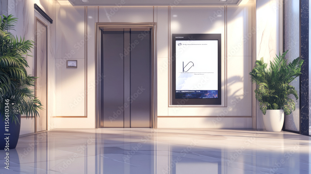 Fototapeta premium Realistic elevators with close doors and ad poster screen on wall, perspective view mockup. Office or modern hotel hallway, empty lobby interior with lifts and blank display, 3d vector illustration
