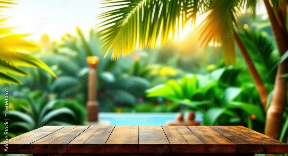 Tropical paradise, wooden deck, palm trees, lush greenery, golden sunlight, bokeh effect, warm atmosphere, vacation vibes, exotic garden, serene landscape, nature backdrop, sunbeams, tranquil scene, v Tropical paradise, wooden deck, palm trees, lush greenery, golden sunlight, bokeh effect, warm atmosphere, vacation vibes, exotic garden, serene landscape, nature backdrop, sunbeams, tranquil scene, v