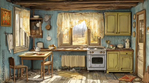 Abandoned old russian, ukrainian rural house with oven, dirty cupboard and table, torn curtains on the window. Vector cartoon illustration of empty wooden room, traditional russian kitchen with stove