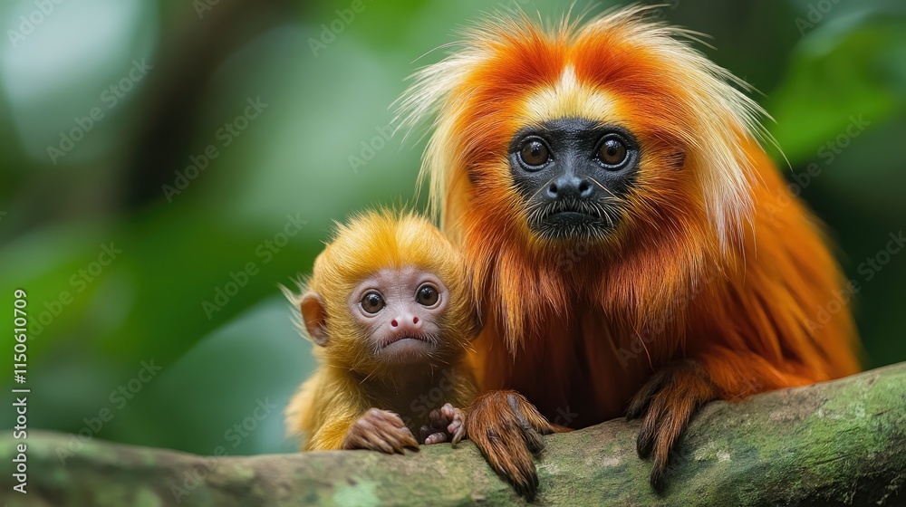 Golden lion tamarin mother cradling baby on branch Golden lion tamarin mother cradling baby on branch