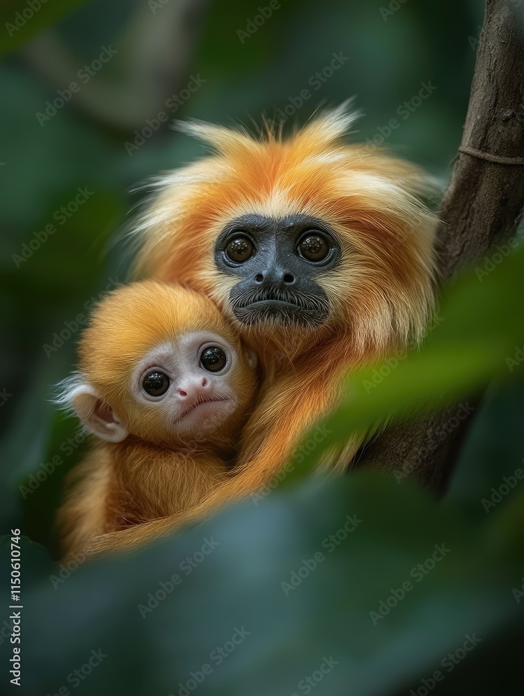 Obraz premium Golden lion tamarin mother embracing its baby in lush rainforest