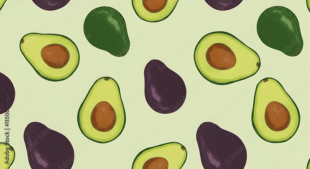 Fresh avocado slices, a healthy fruit pattern. Green, brown, and purple. Fresh avocado slices, a healthy fruit pattern. Green, brown, and purple.