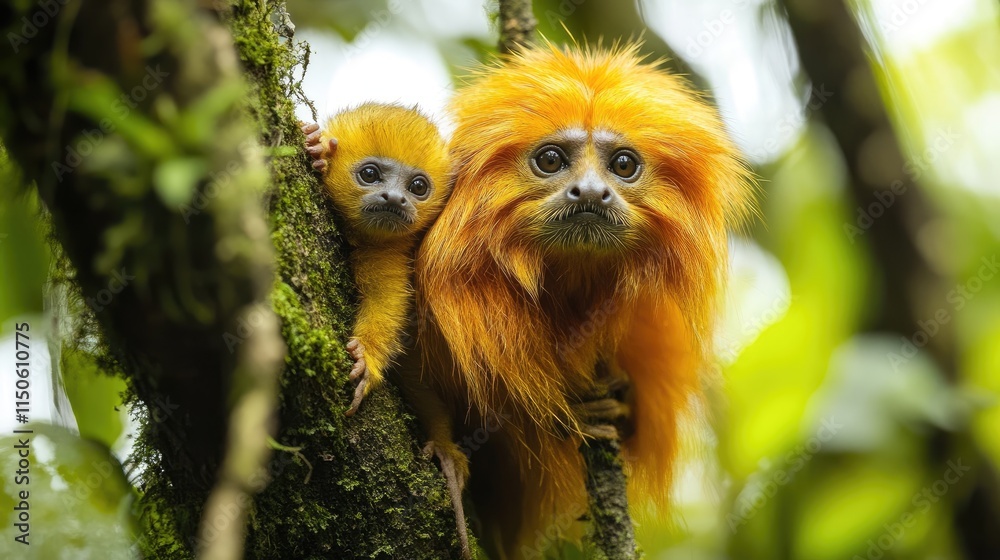 Golden lion tamarin monkeys hiding in amazon rainforest tree