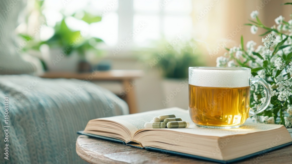 Serene Reading Nook with Magnesium Glycinate Supplements, Herbal Tea, and Book for Relaxation and Self-Care Serene Reading Nook with Magnesium Glycinate Supplements, Herbal Tea, and Book for Relaxation and Self-Care