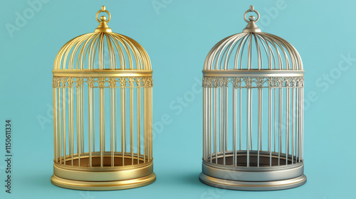 Bird cages, vintage empty birdcages of golden and silver colors, metal jails with open and closed doors isolated on transparent background. Steel and gold traps, realistic 3d vector illustration, set