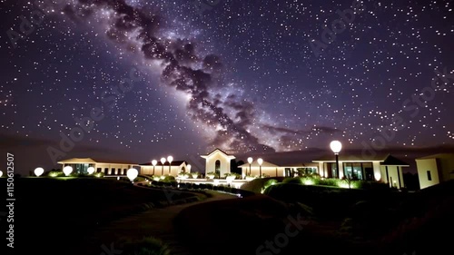 Wallpaper Mural A serene resort illuminated by soft lights under a starlit night sky, shown in a seamless looping animation to evoke relaxation. Torontodigital.ca