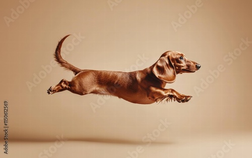 A curious dachshund levitating mid-air with its tail wagging, set on a neutral beige background