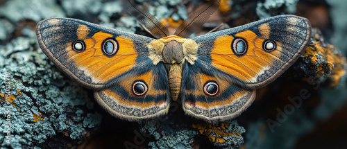 Close-up of a Saturniid Moth with Striking Orange and Blue Eyespots photo