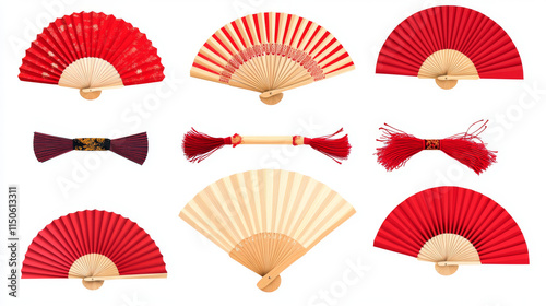 Chinese hand fan, oriental wooden handlend accessory. Vector realistic set of open and closed red japanese fan, traditional asian or spanish folding souvenir with tassel isolated on white background